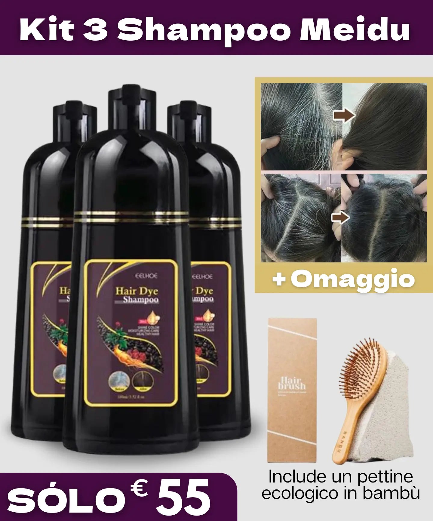 SHAMPOO 3 in 1 per Capelli Grigi + Pettine Ecologico in Bambù in Omaggio The box Italy